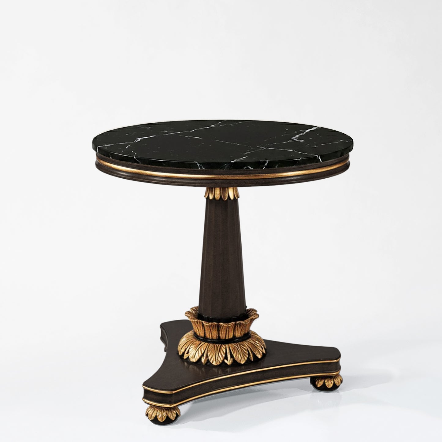 Traditional black Italian table with gold details and black Nero Marquina marble top.
