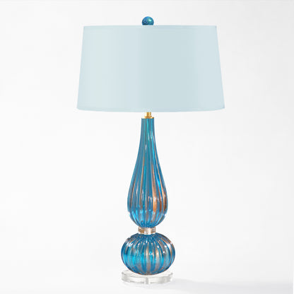Blue Murano glass lamp with light blue lamp shade.