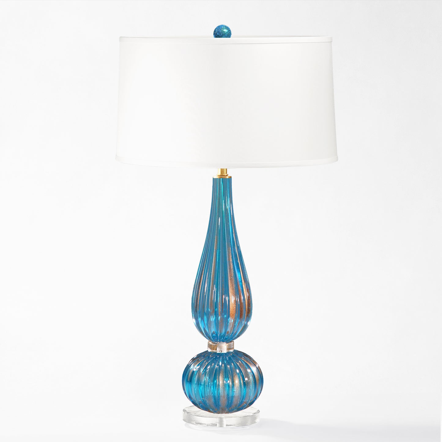 Blue Murano glass  lamp with white lamp shade.