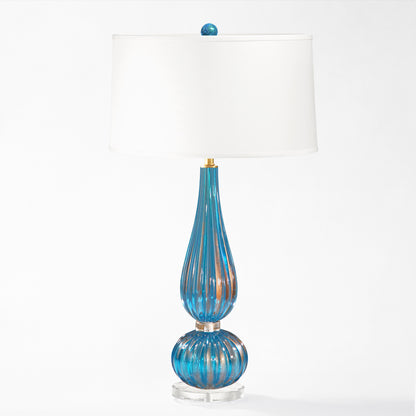 Blue Murano glass  lamp with white lamp shade.