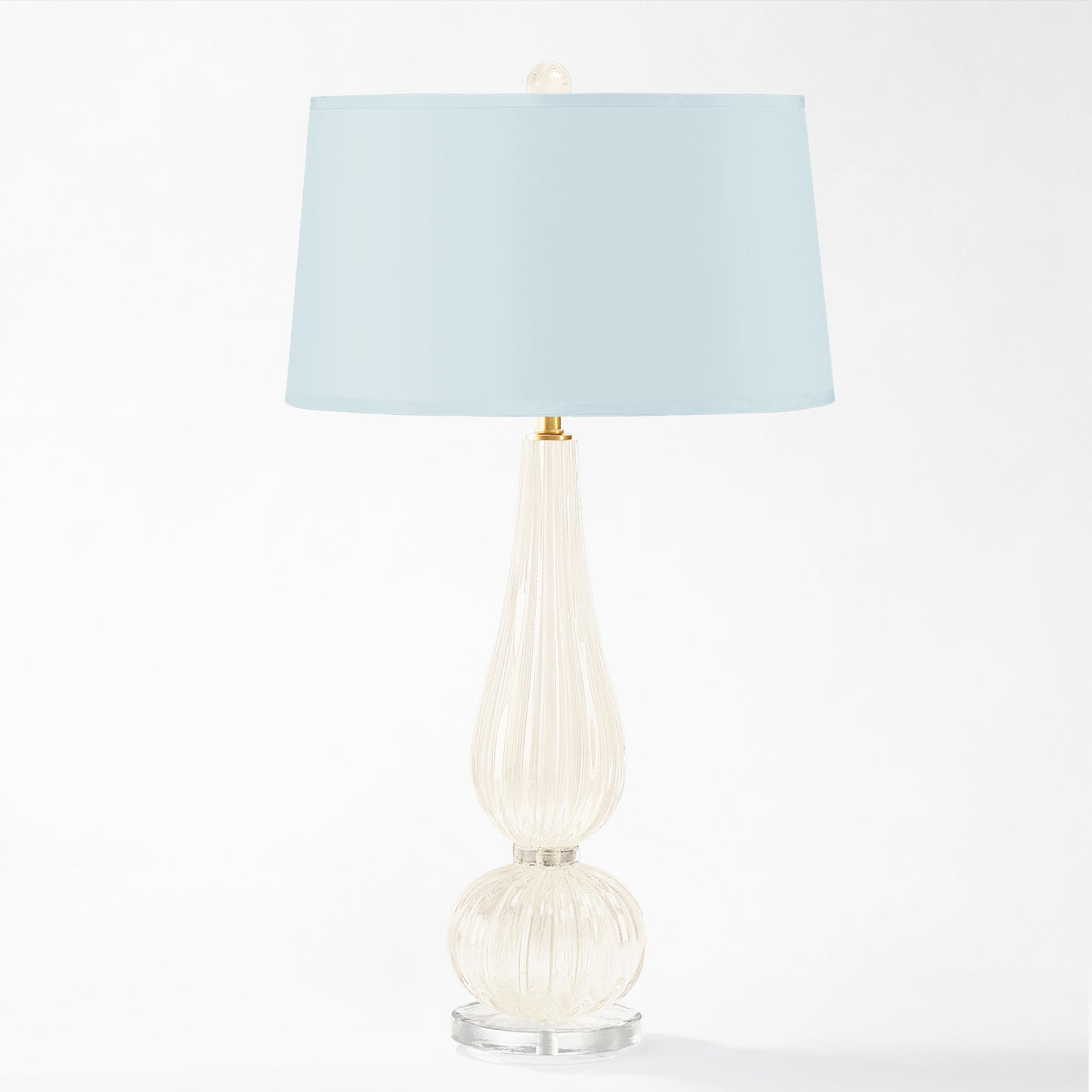 White Murano glass lamp with light blue lamp shade.