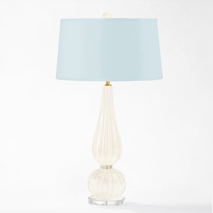 White Murano glass lamp with light blue lamp shade.