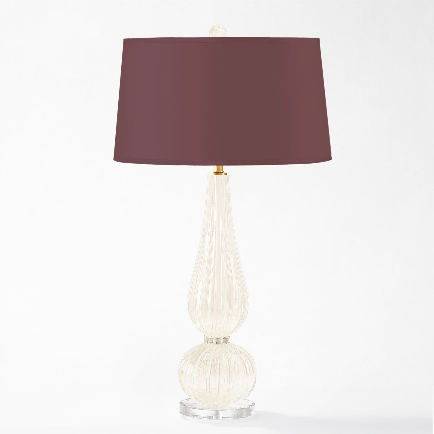 White Murano glass lamp with burgundy lamp shade.