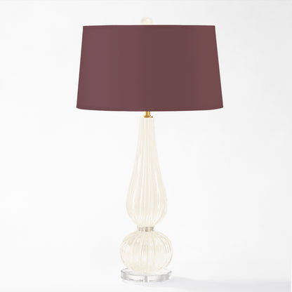 White Murano glass lamp with burgundy lamp shade.