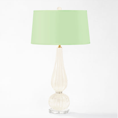 White Murano glass table lamp with light green lamp shade.