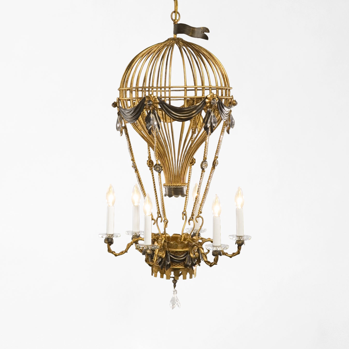 Gold and black Italian chandelier with hot air balloon design.