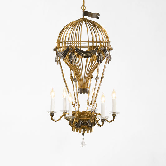 Gold and black Italian chandelier with hot air balloon design.