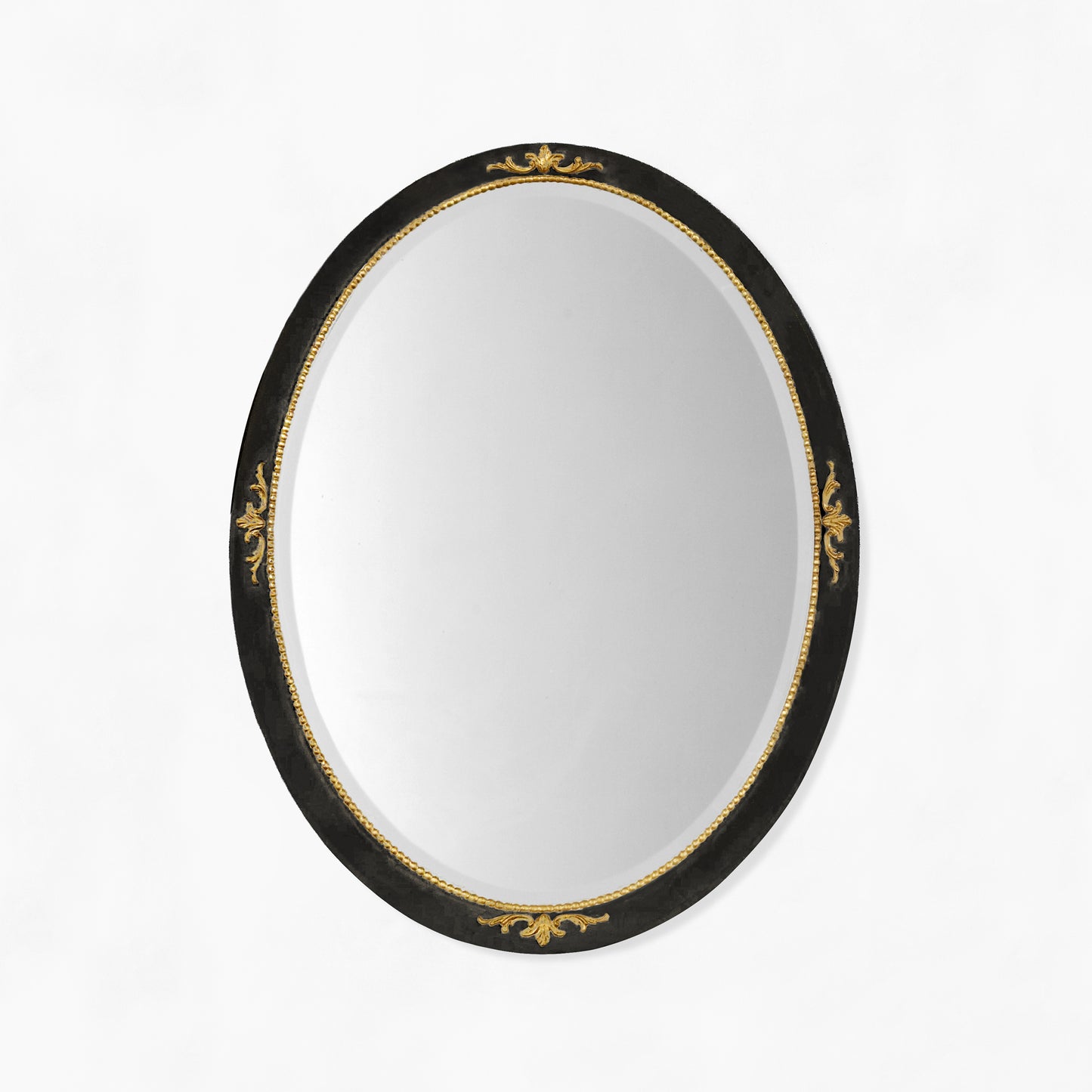 Oval black and gold Italian mirror with gold details.