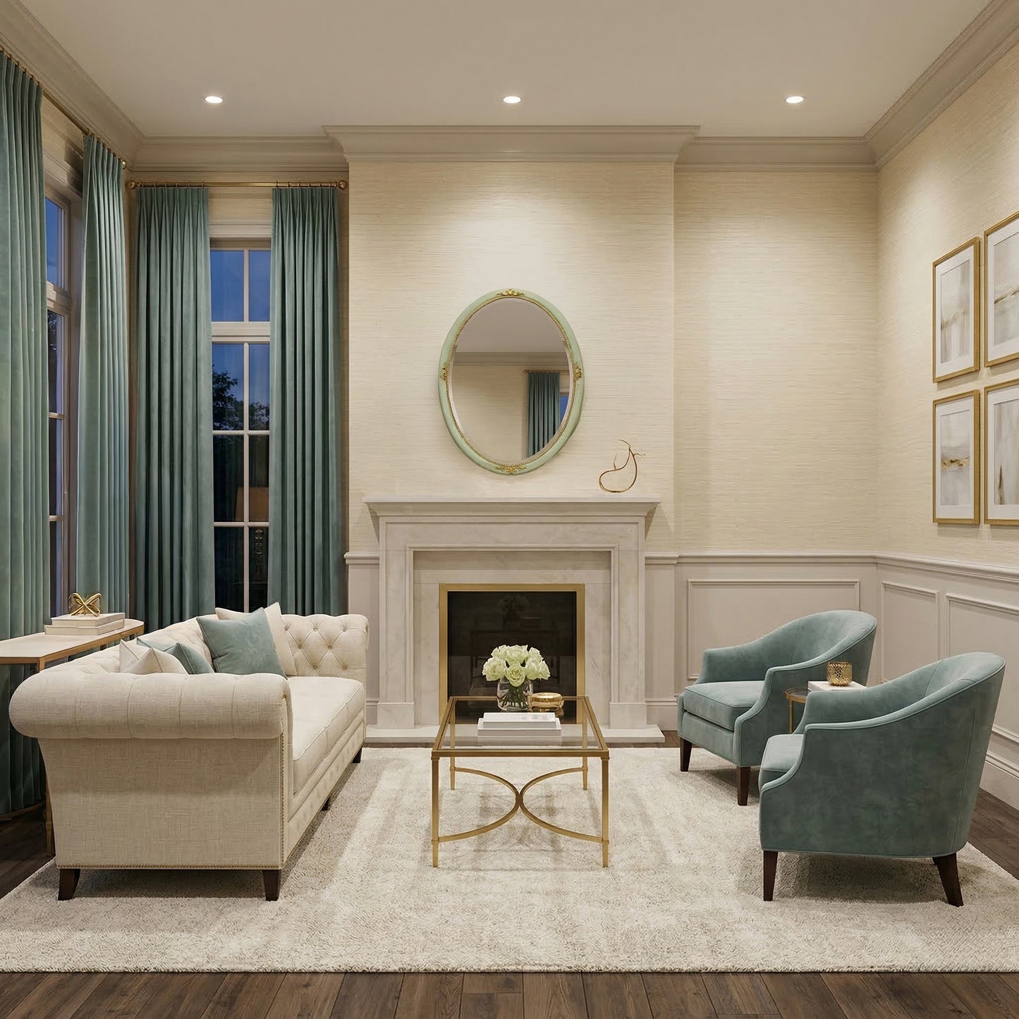 Green oval Italian mirror with gold details in luxurious living room.