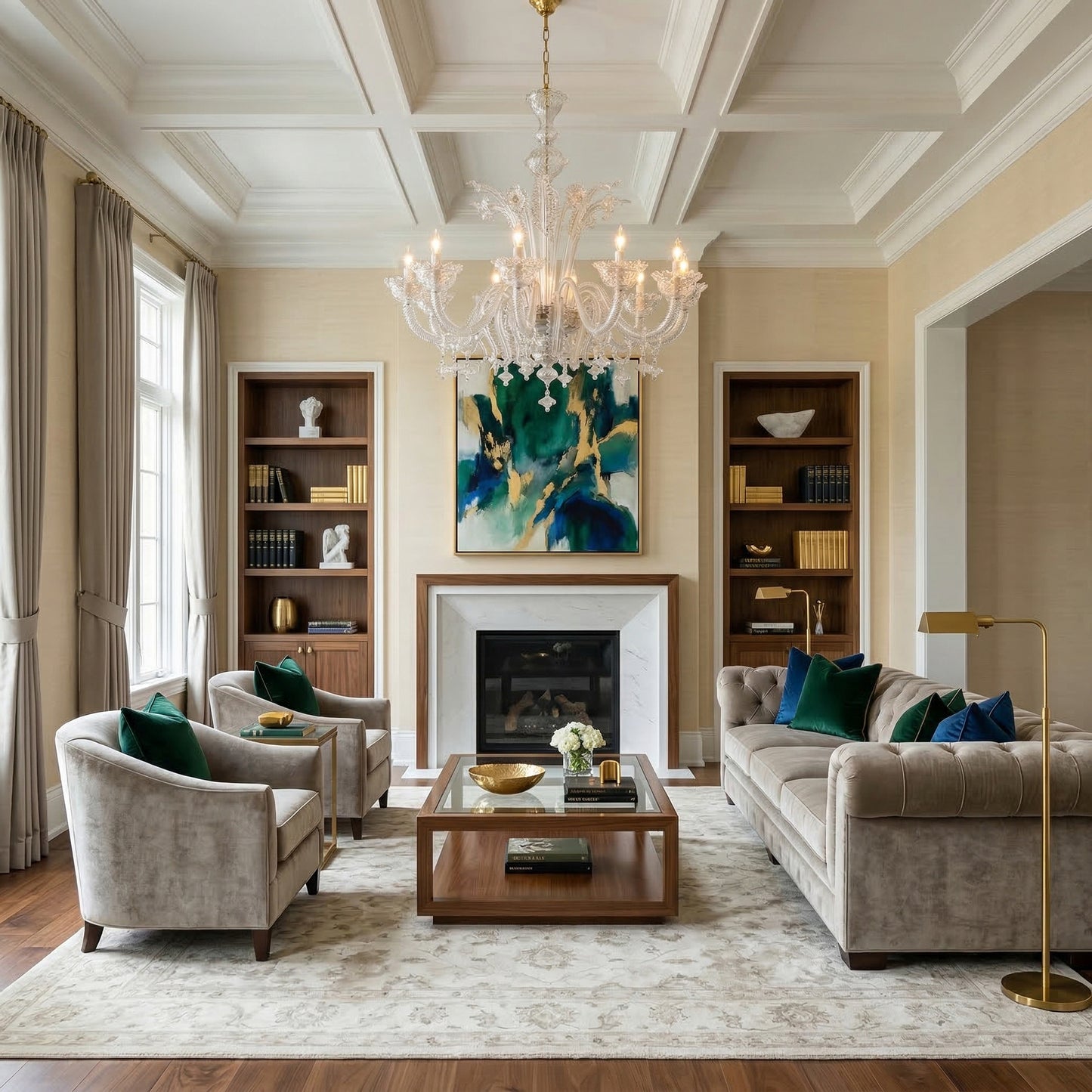 Luxurious living room with clear Murano glass chandelier and traditional rug.