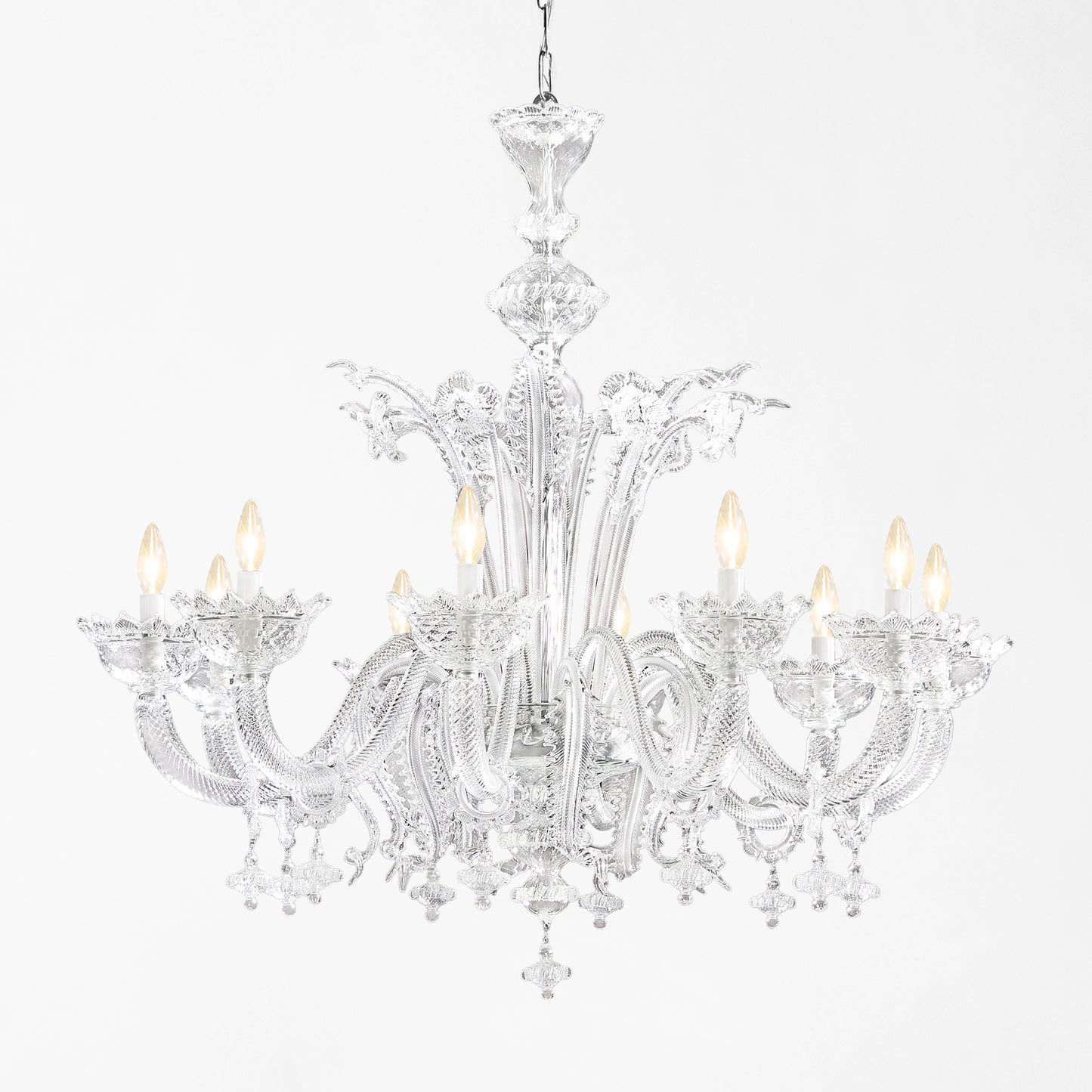 Luxurious Murano glass chandelier with clear glass.