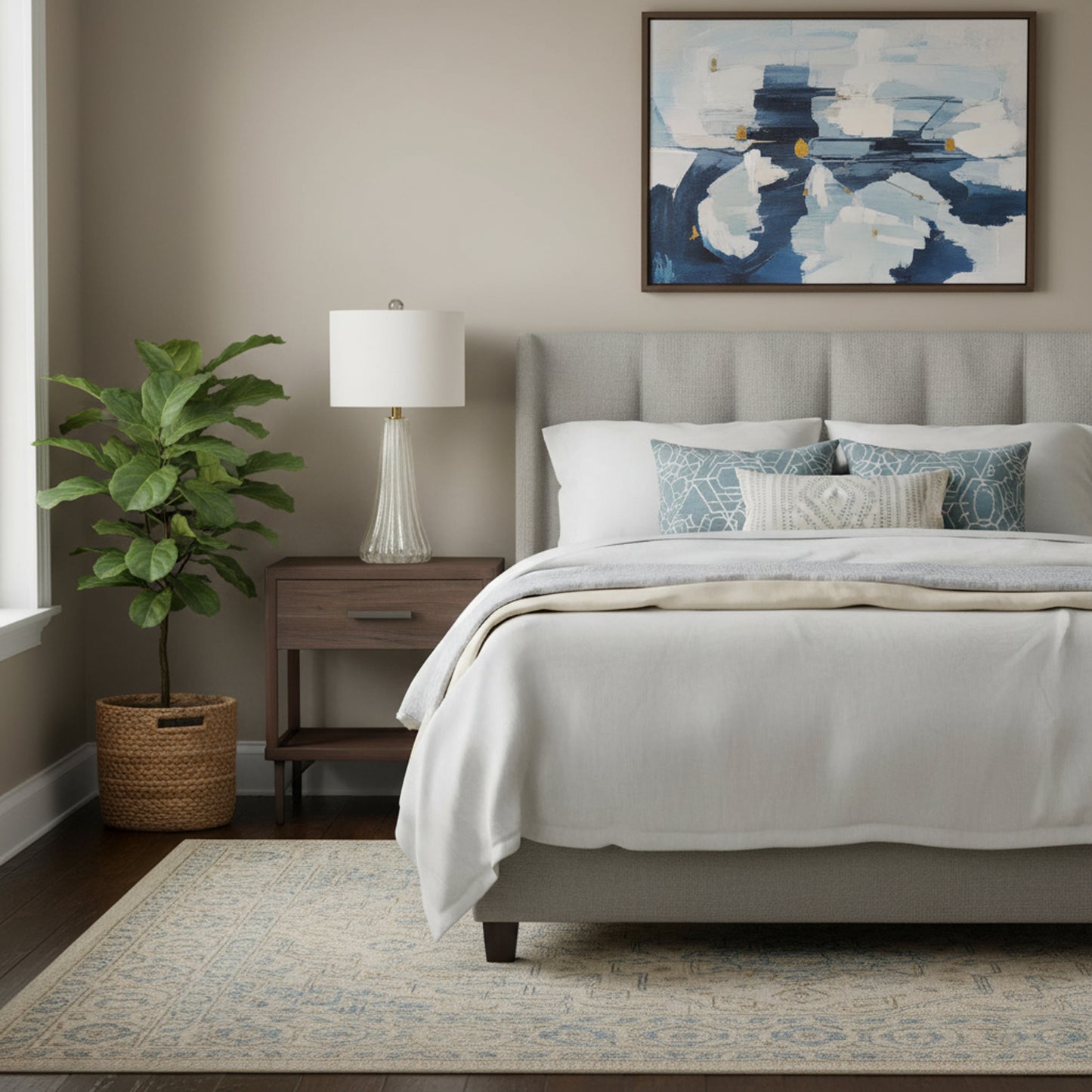 A white glass lamp in a bedroom setting with a painting on the wall.