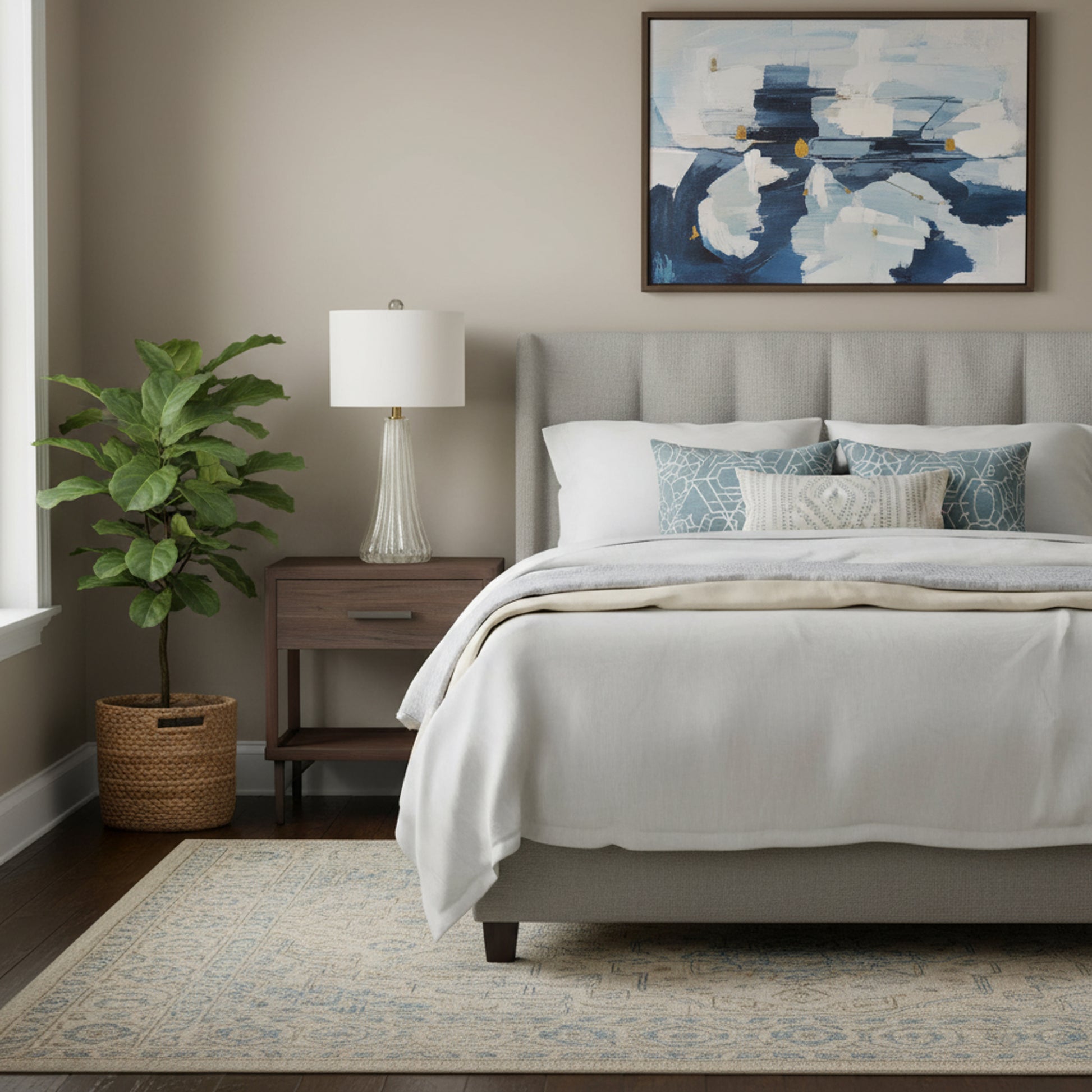 A white glass lamp in a bedroom setting with a painting on the wall.