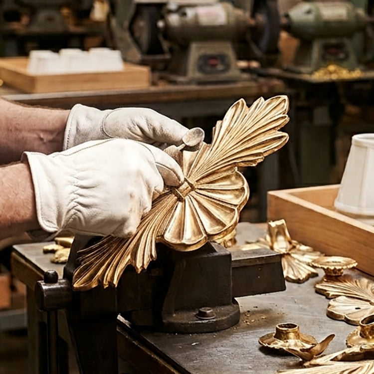 Crafting an antique brass sconce by hand.