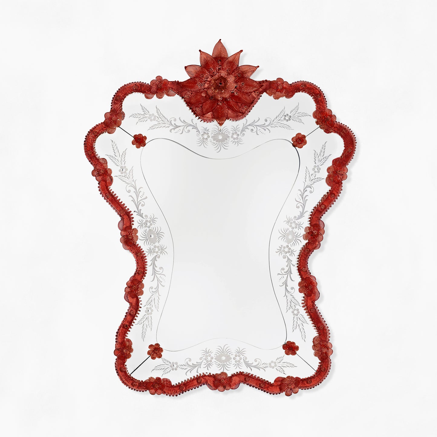 Antique red Murano glass mirror.