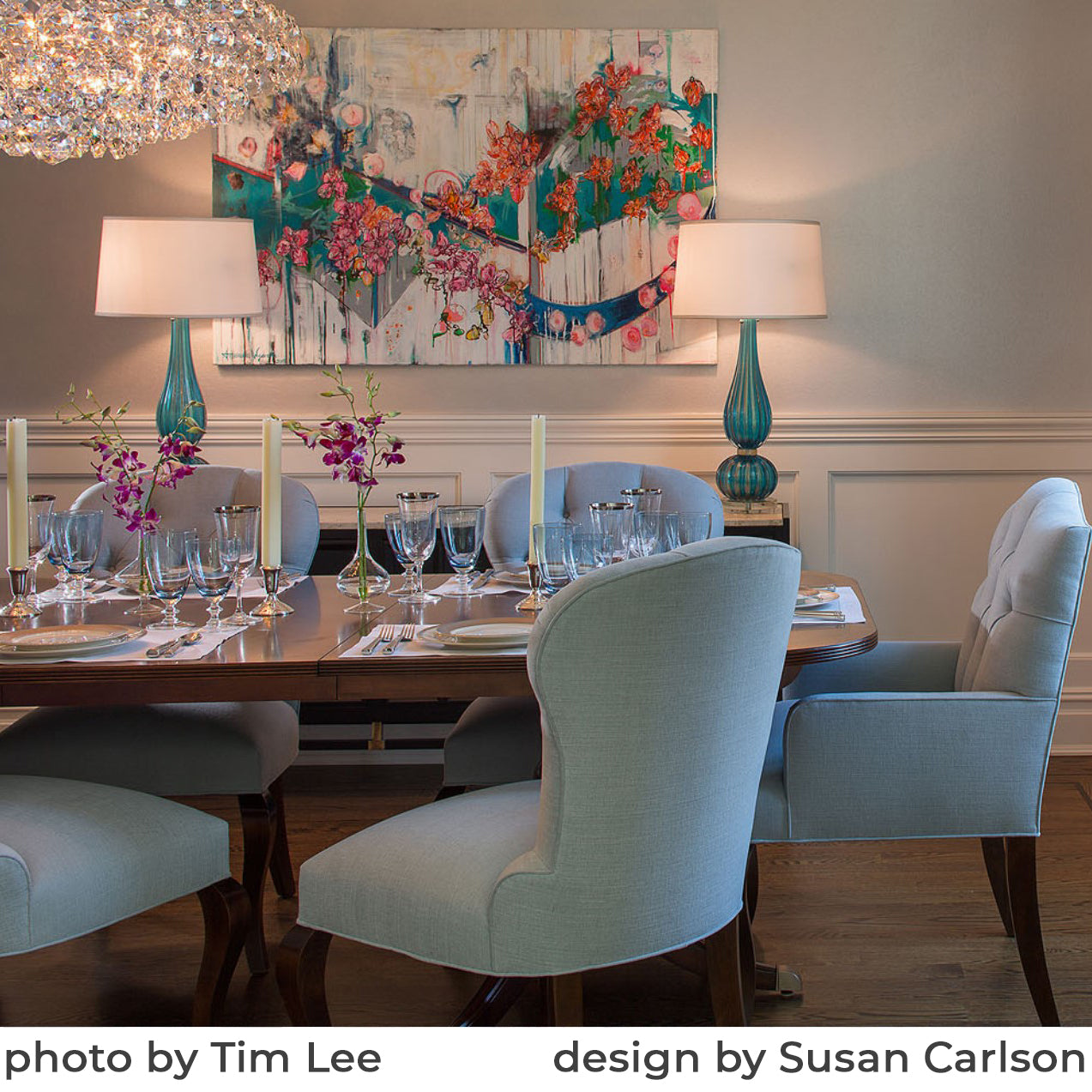 Aqua and gold Murano glass table lamps in dining room.