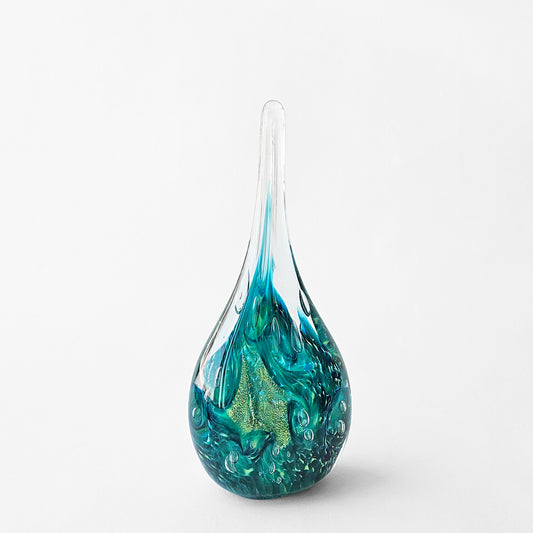 Aqua glass teardrop decor with gold accent.