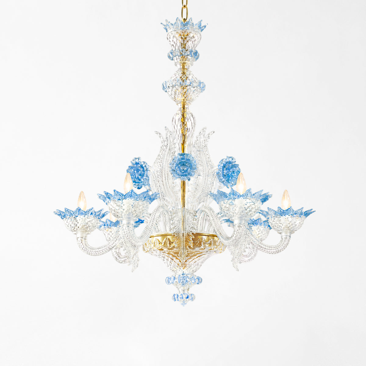 Ornate blue and gold Murano glass chandelier.