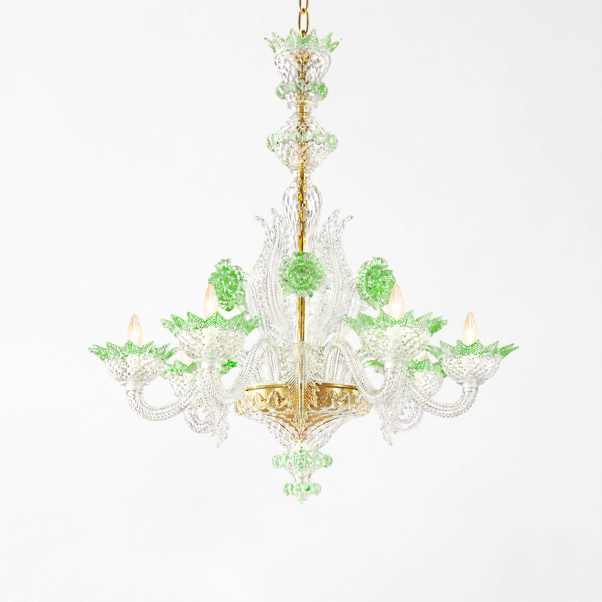 Ornate green and gold Murano glass chandelier.