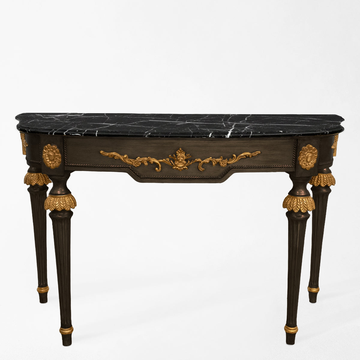 A black Italian console table with a black marble top.