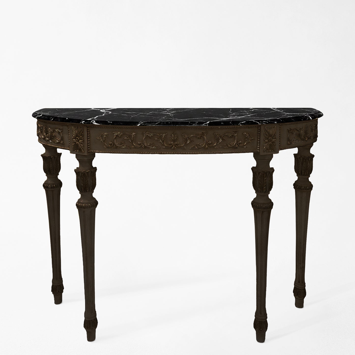 Traditional black Italian console table with black Nero Marquina marble top.