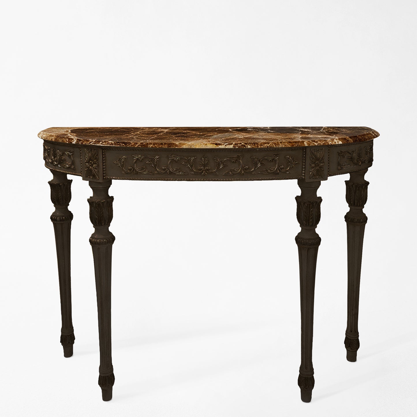 Black Italian console table with a brown marble top.