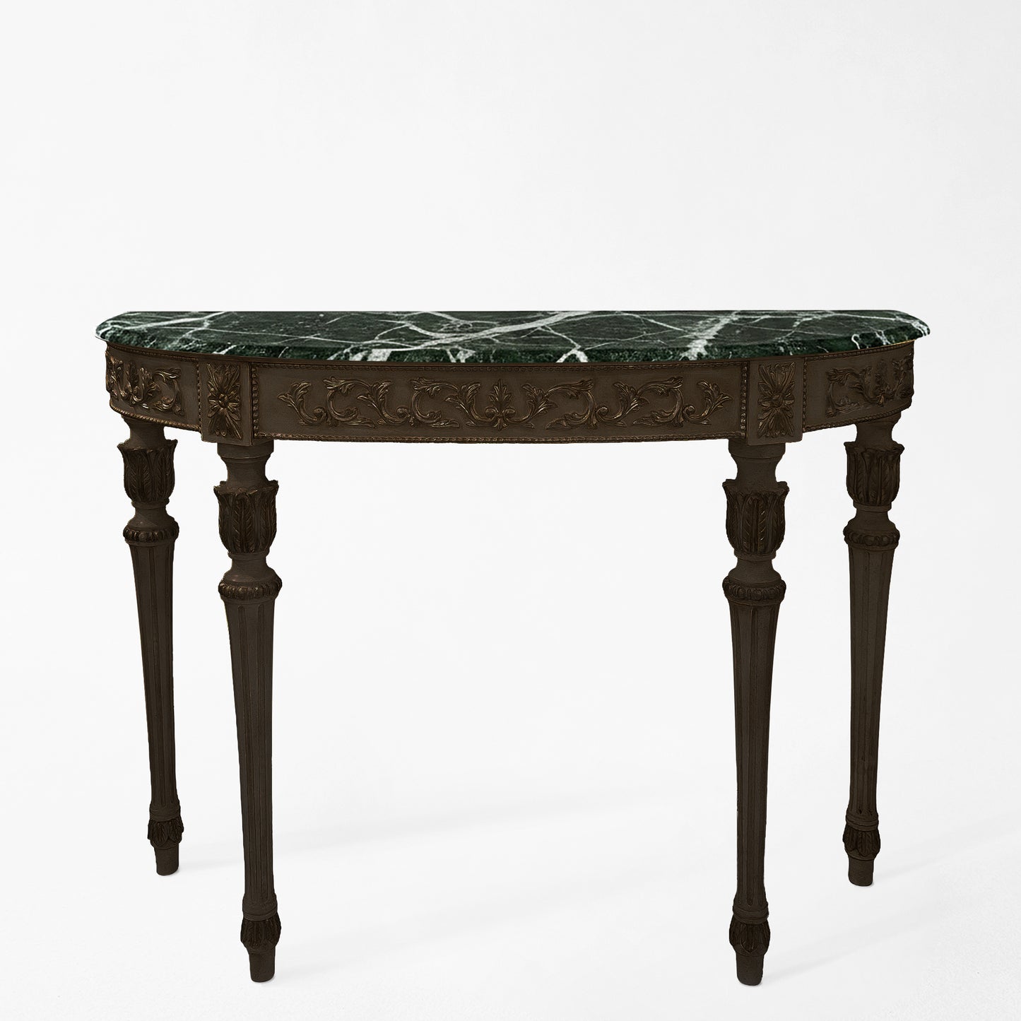 Traditional black Italian console table with green Verde Alpi marble.