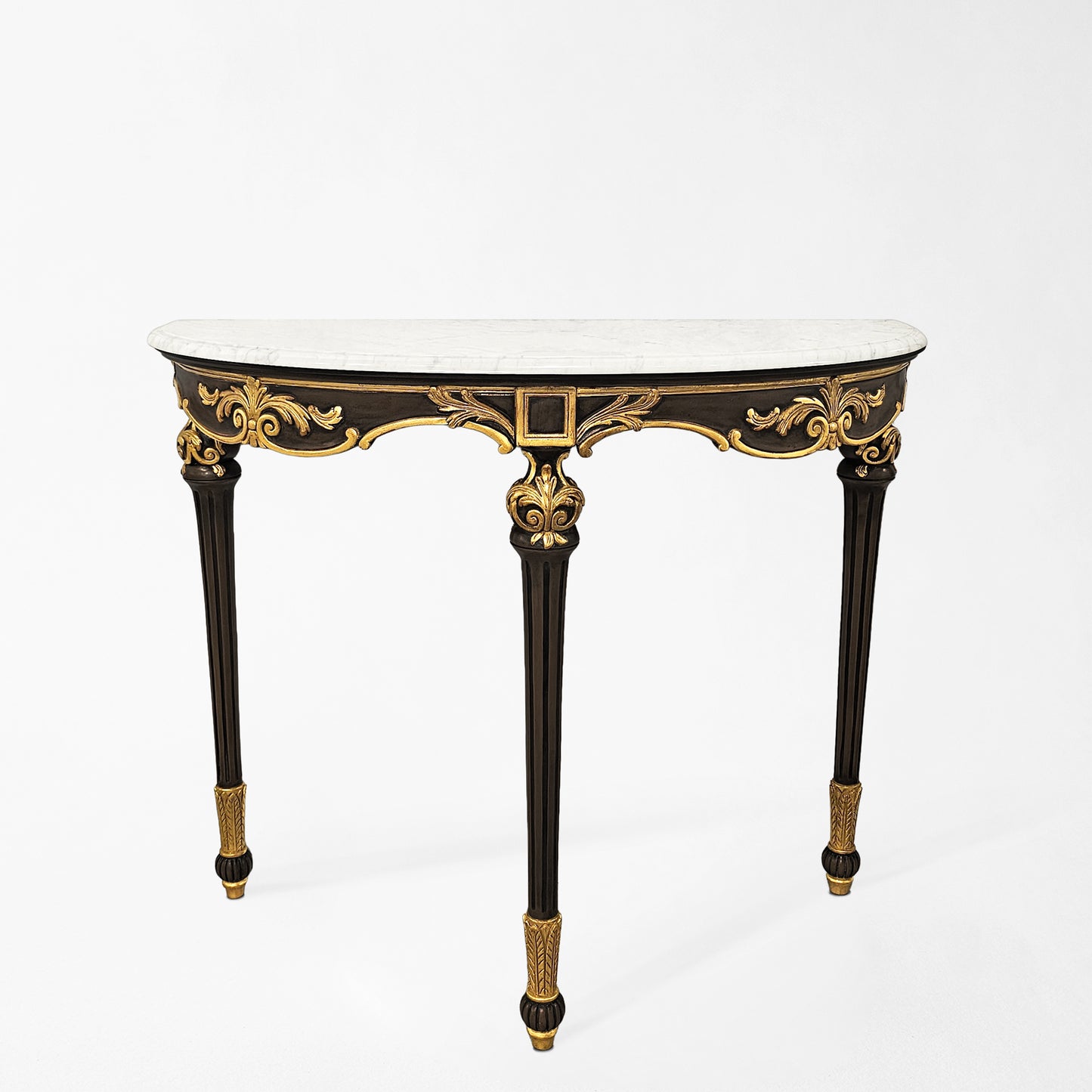 Traditional black Italian console table with gold details and white marble.