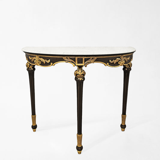 Traditional black Italian console table with gold details and white marble.
