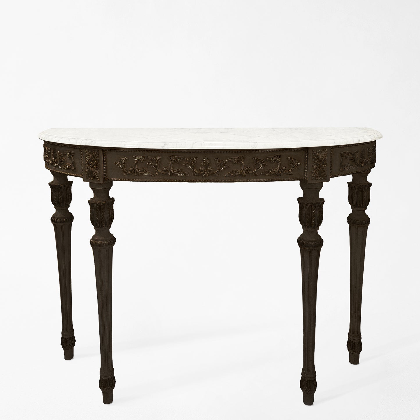 A black Italian console table with a white marble top.