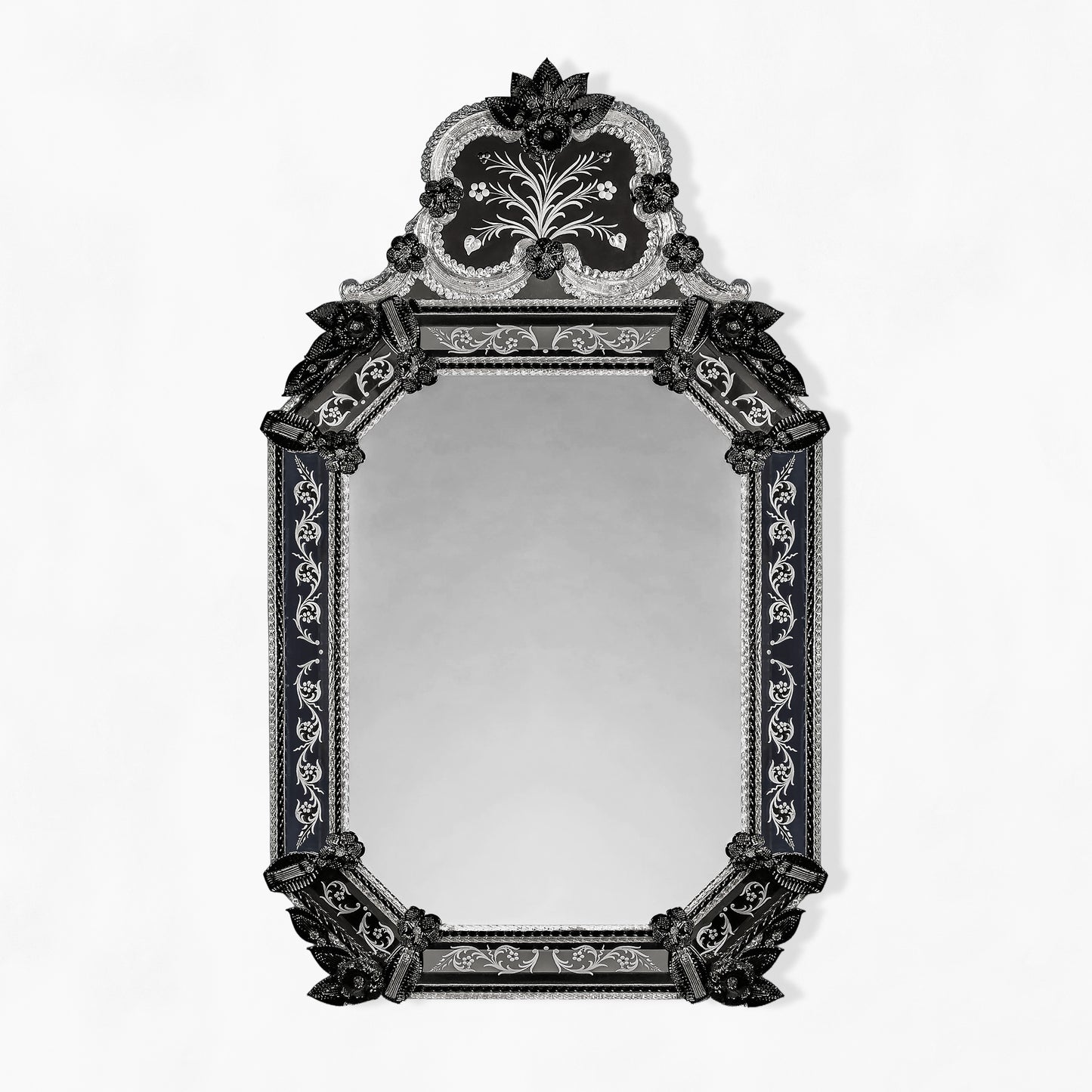 Ornate black Murano glass mirror with etched details.