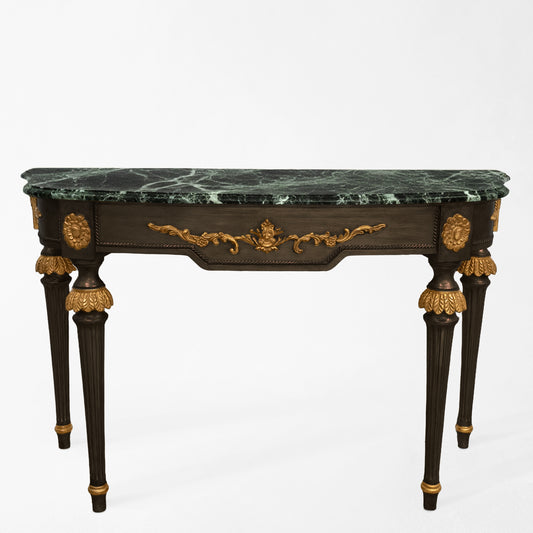 Traditional black console with gold details and green Verde Alpi marble top.