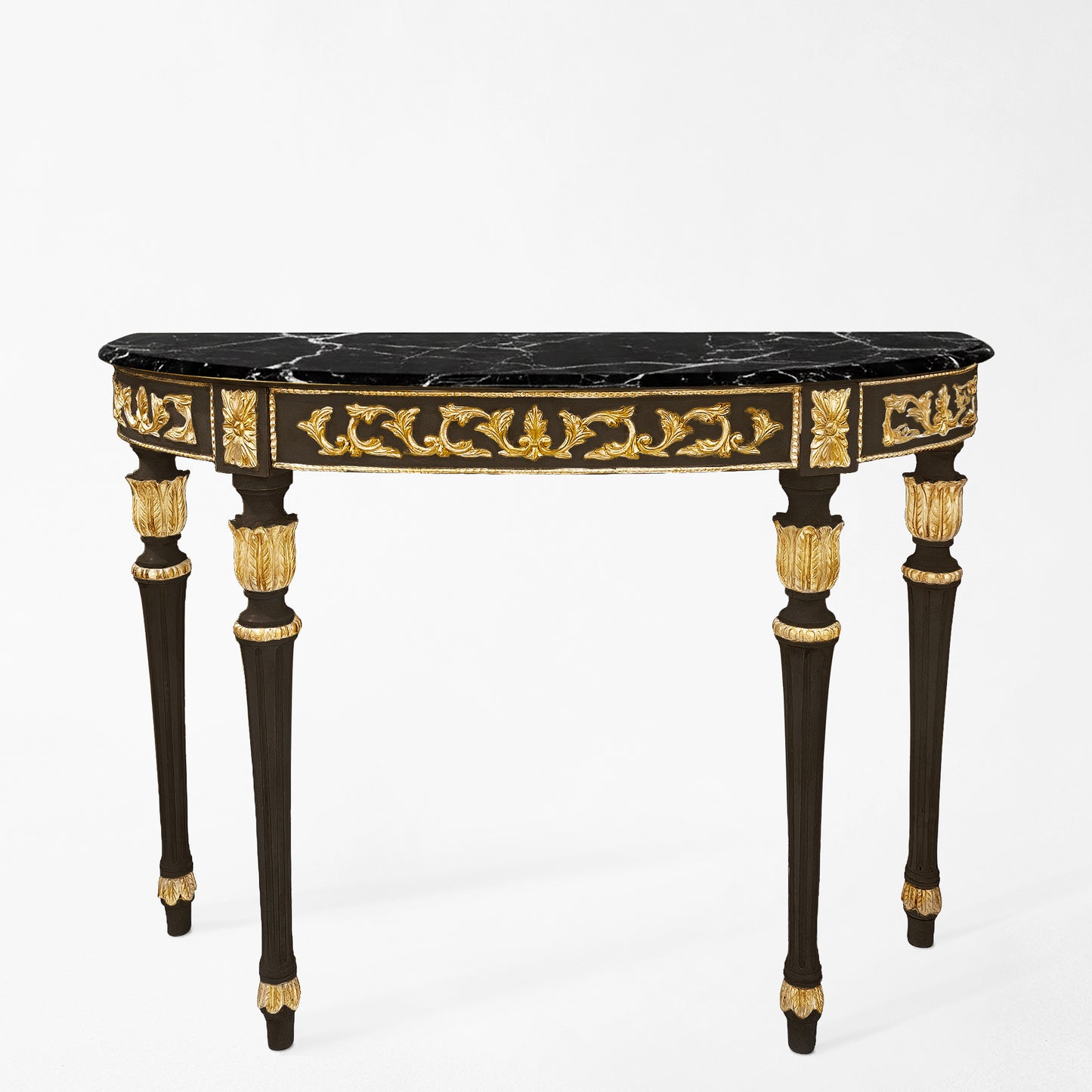 Traditional black Italian-console table with gold details and black Nero Marquina marble top.