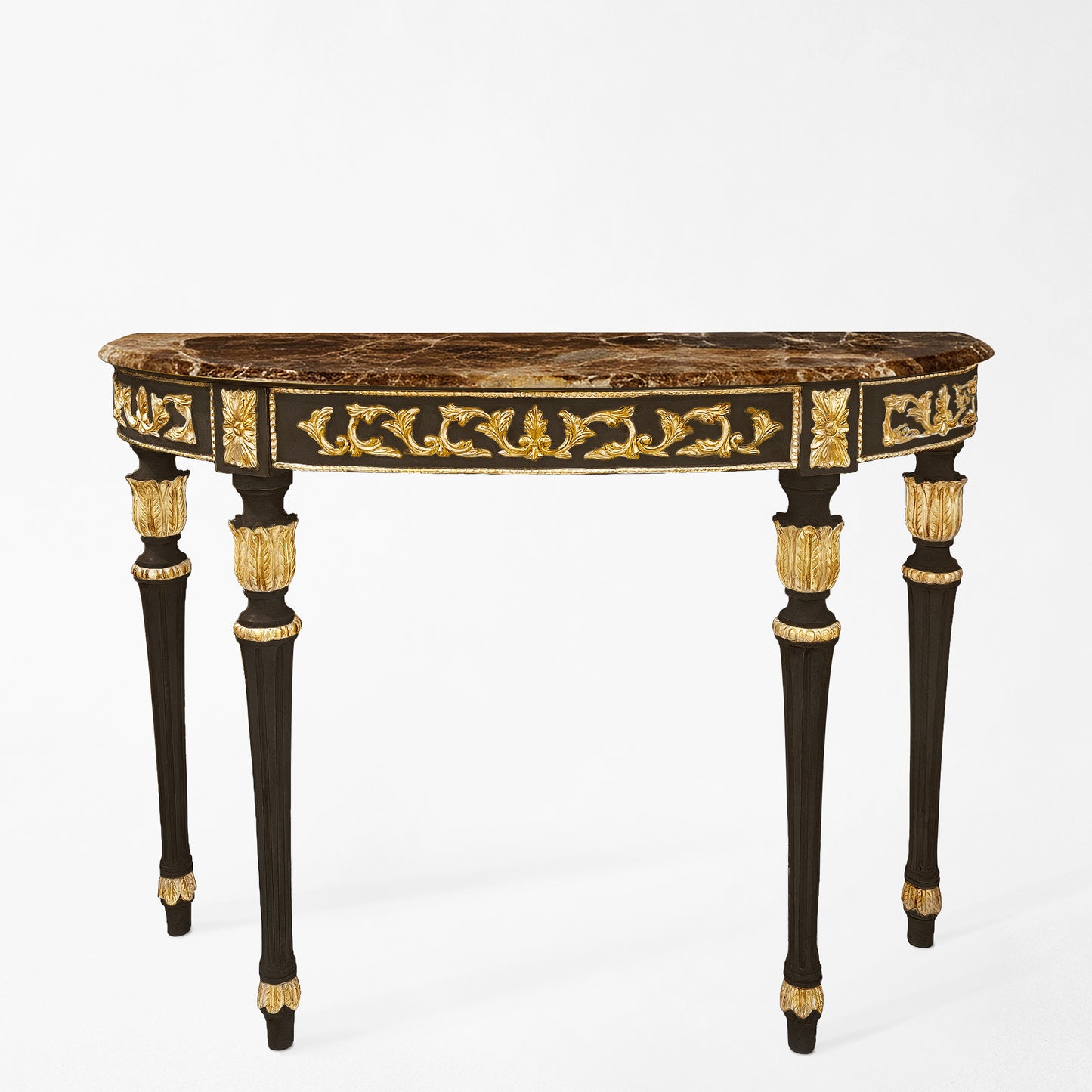 Traditional black Italian console table with gold details and a brown Emperador marble top.
