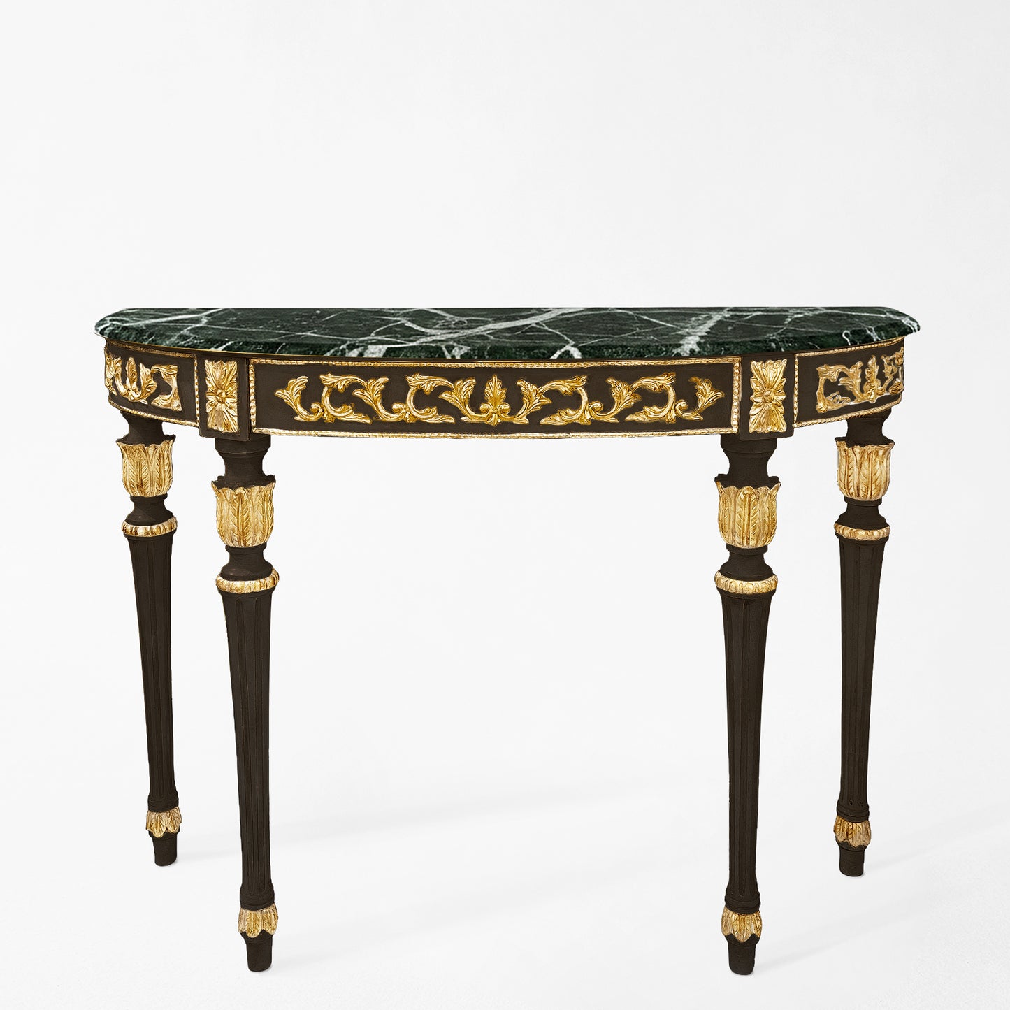 Traditional black Italian console table with gold details and green Verde Alpi marble top.