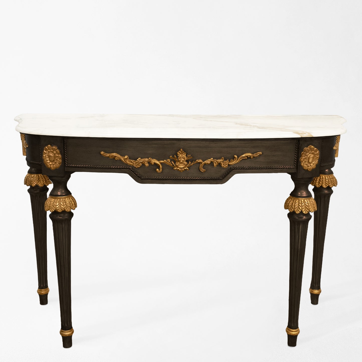 Traditional black Italian console table with gold details and a white marble top.