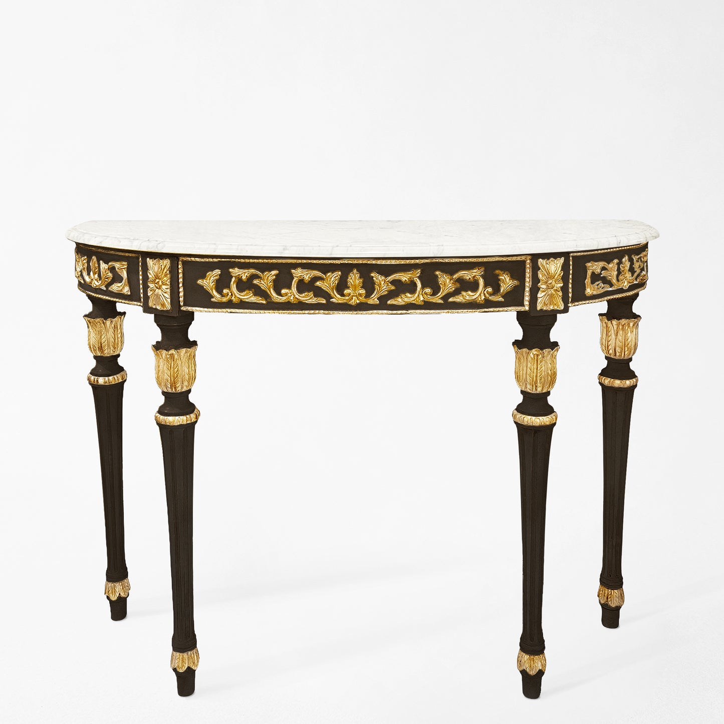 Traditional black Italian console table with gold details and white marble.