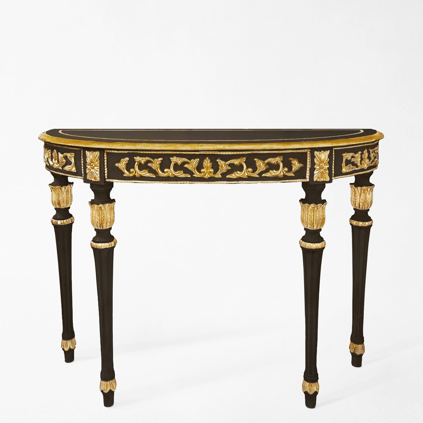 Traditional black Italian console table with intricate gold details.
