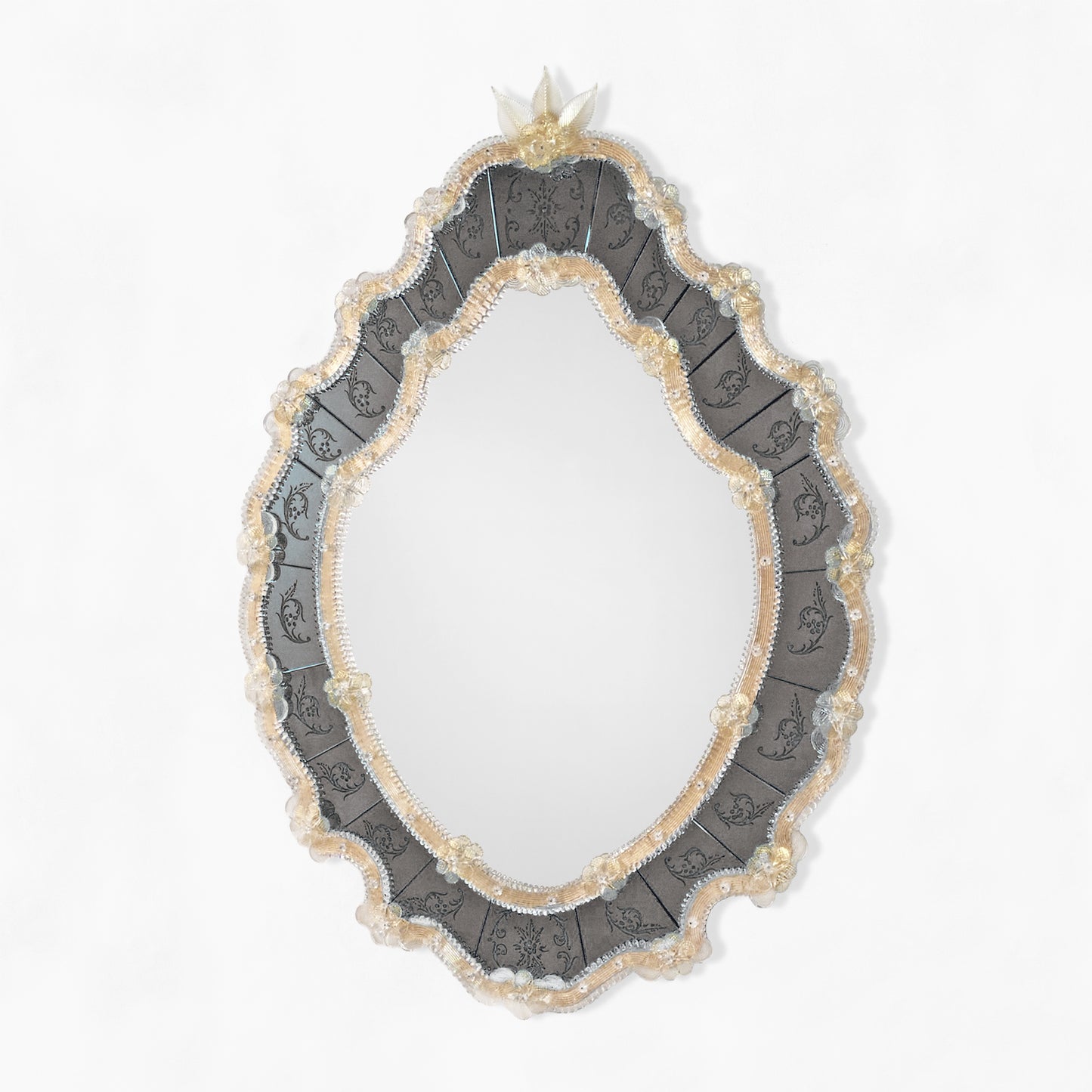 Black and gold ornate Murano glass mirror.