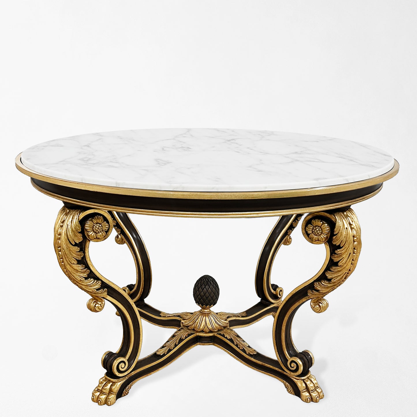 Decorative center table with marble top and gold and black base.