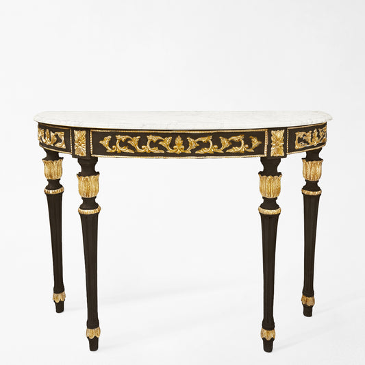 Traditional black console table with gold details and white marble.
