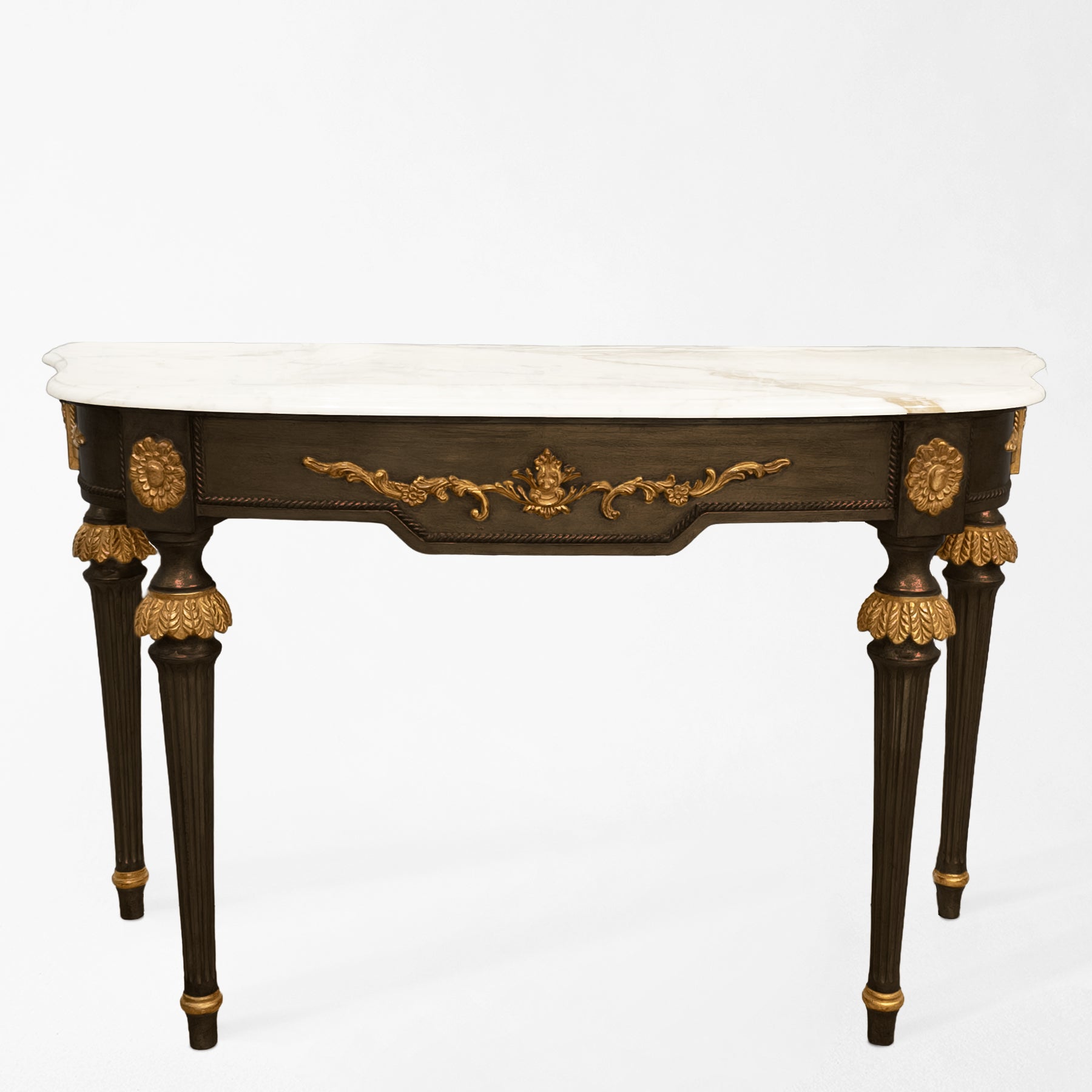 Traditional black console table with gold details and a white marble top.