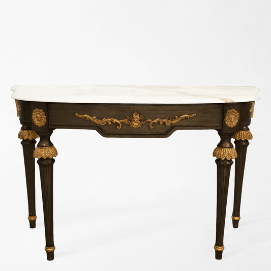Traditional black console table with gold details and a white marble top.