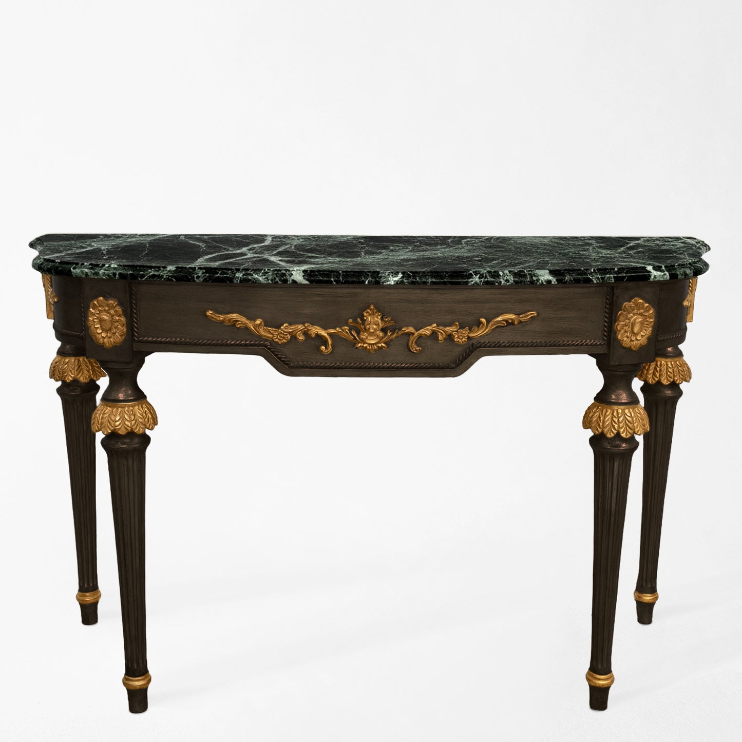 Black Italian console table with green Verde Alpi marble top and carved gold details.