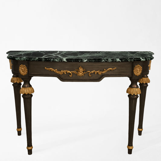 Black Italian console table with green Verde Alpi marble top and carved gold details.