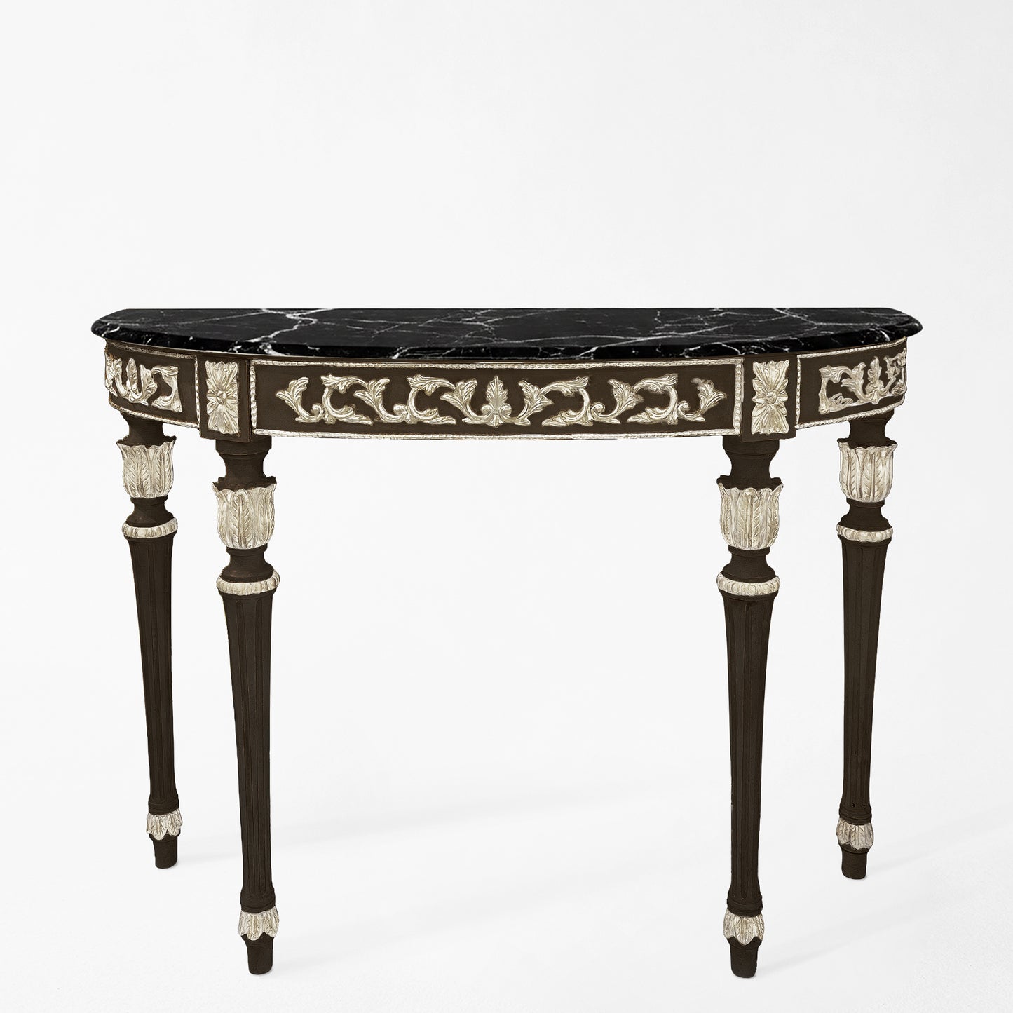 Traditional black Italian console table with silver details and black Nero Marquina marble top.