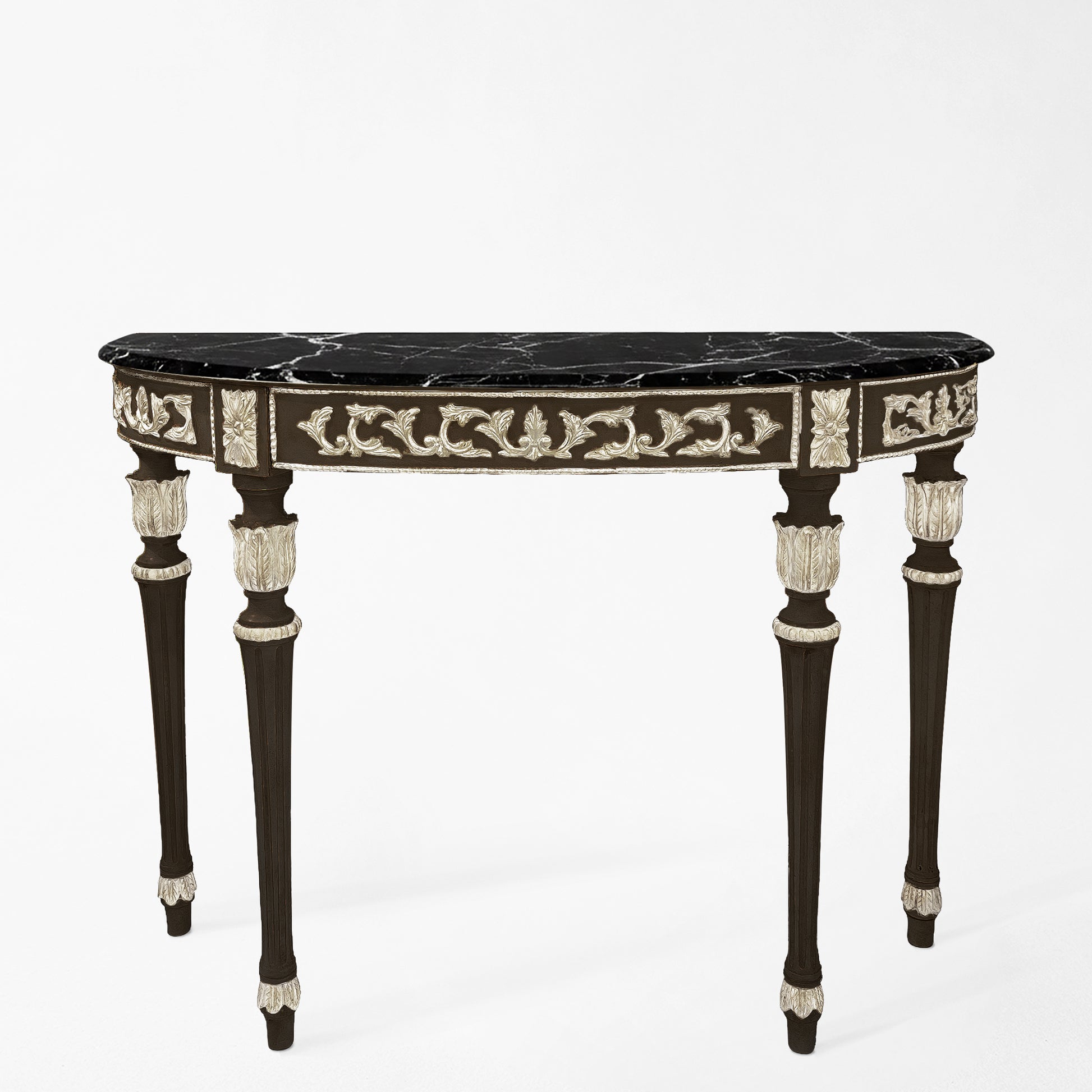 Traditional black Italian console table with silver details and black Nero Marquina marble top.