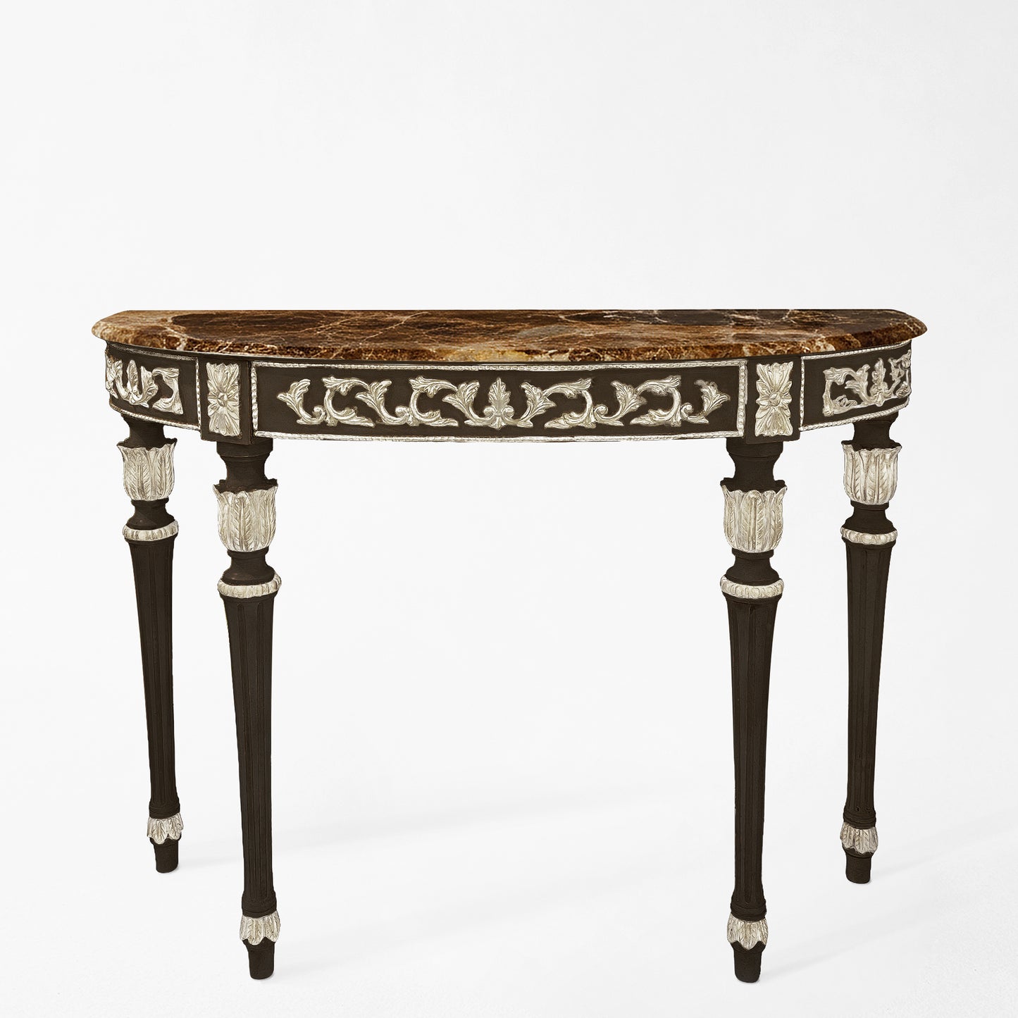 A black and silver Italian console table with a brown marble top.