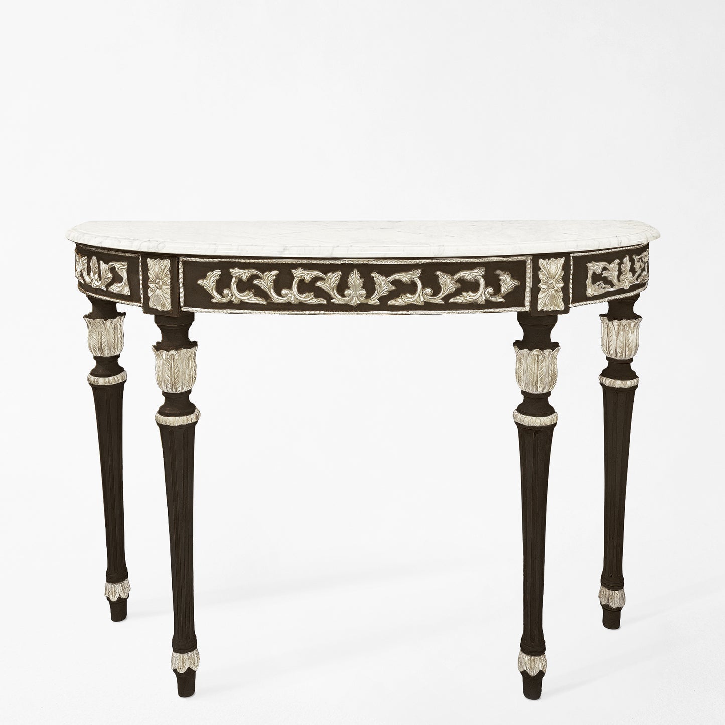 Traditional black Italian console table with silver details and white marble top.