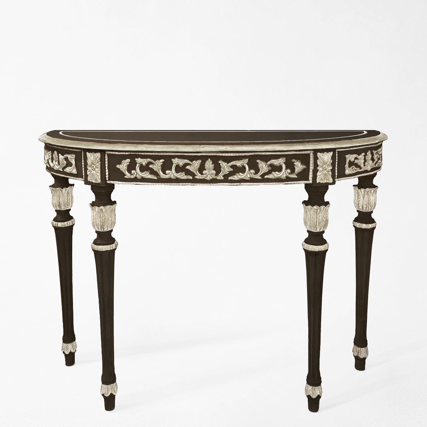 Traditional black Italian console table with intricate silver details.